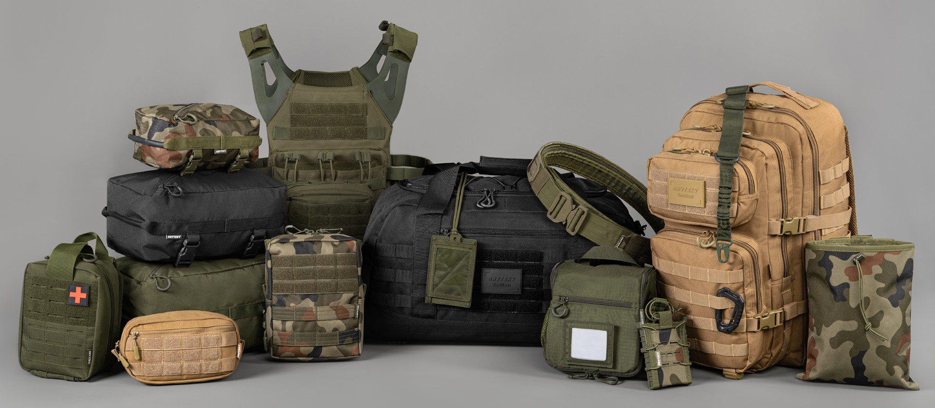 Brytzky Tactical product lineup: plate carrier, backpacks, duffel bag and pouches